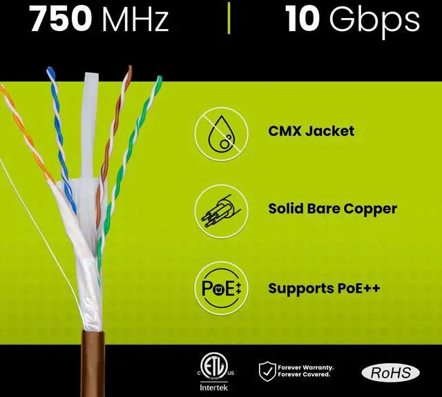 Alt view image 2 of 5 - TRUE CABLE Cat6A Direct Burial Bulk Ethernet Cable, 1000ft, Brown, Waterproof, Outdoor Rated CMX, 23AWG Solid Bare Copper, 750MHz, PoE++ 100W, Unshielded UTP, ETL Listed