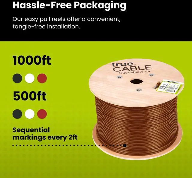 Alt view image 5 of 5 - TRUE CABLE Cat6A Direct Burial Bulk Ethernet Cable, 1000ft, Brown, Waterproof, Outdoor Rated CMX, 23AWG Solid Bare Copper, 750MHz, PoE++ 100W, Unshielded UTP, ETL Listed