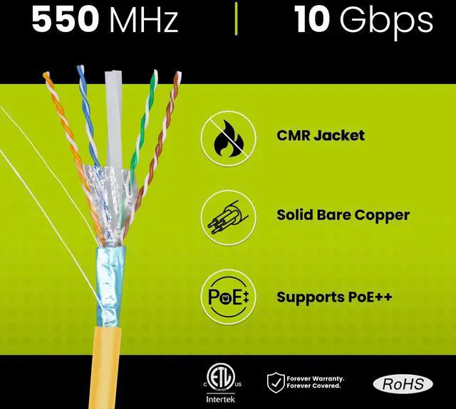 Alt view image 2 of 5 - trueCABLE Cat6 Shielded Riser (CMR), 1000ft, Yellow, 23AWG Solid Bare Copper, 550MHz, PoE++ (4PPoE), ETL Listed, Overall Aluminum Foil Shield (F/UTP), Bulk Ethernet Cable