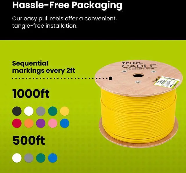 Alt view image 5 of 5 - trueCABLE Cat6 Shielded Riser (CMR), 1000ft, Yellow, 23AWG Solid Bare Copper, 550MHz, PoE++ (4PPoE), ETL Listed, Overall Aluminum Foil Shield (F/UTP), Bulk Ethernet Cable