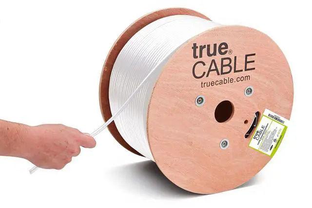 Main image of trueCABLE Cat5e Outdoor, Shielded F/UTP, 1000ft, UV Resistant, CMX Rated, White, 24AWG Solid Bare Copper, 350MHz, PoE++ (4PPoE), ETL Listed, Bulk Ethernet Cable