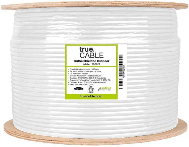 Alt view image 4 of 5 - trueCABLE Cat5e Outdoor, Shielded F/UTP, 1000ft, UV Resistant, CMX Rated, White, 24AWG Solid Bare Copper, 350MHz, PoE++ (4PPoE), ETL Listed, Bulk Ethernet Cable