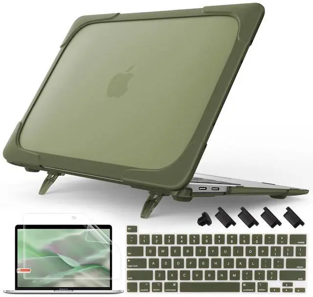 Main image of Mektron for MacBook Pro 13 inch Case 2022 2021 2020 M1 M2 A2338 A2289 A2251, Heavy Duty Slim Hard Shell Dual Layer Protective Cover with Fold Kickstand for MacBook Pro 13 Touch bar, Avocado Green