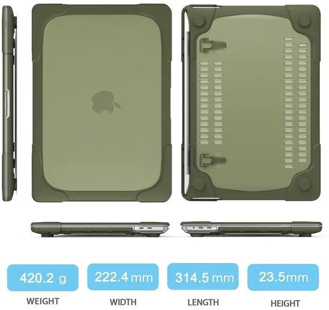 Alt view image 2 of 5 - Mektron for MacBook Pro 13 inch Case 2022 2021 2020 M1 M2 A2338 A2289 A2251, Heavy Duty Slim Hard Shell Dual Layer Protective Cover with Fold Kickstand for MacBook Pro 13 Touch bar, Avocado Green