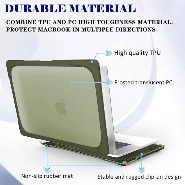 Alt view image 3 of 5 - Mektron for MacBook Pro 13 inch Case 2022 2021 2020 M1 M2 A2338 A2289 A2251, Heavy Duty Slim Hard Shell Dual Layer Protective Cover with Fold Kickstand for MacBook Pro 13 Touch bar, Avocado Green
