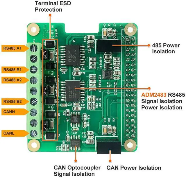 Alt view image 2 of 5 - RS485 CAN HAT for Raspberry Pi Via SPI Onboard 1 x CAN Bus MCP2515 Transceiver 2 x RS485 Bus SC16IS1752, Signal and Power Isolated, ESD Protection Port, Stable Long-Distance Communication Module