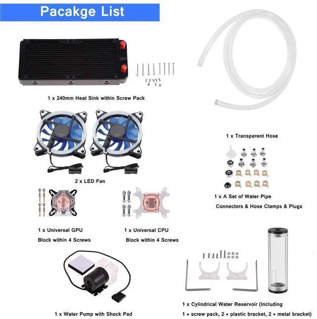 Alt view image 2 of 5 - DIY Water Cooling Kit with CPU/GPU Block, Cylindrical Reservoir, Pump, LED Fan, 240mm Heat Sink Connectors
