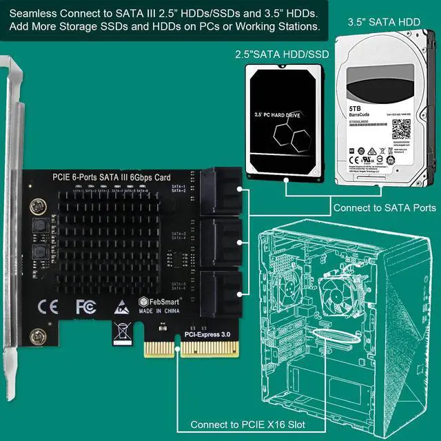 Alt view image 4 of 5 - FebSmart PCIE to 6-Ports 6Gbps Max Speed SATA III Expansion Card for Desktop PCs, Plug and Play on Windows OS MAC OS Linux System, ASMedia ASM1166 None-Raid PCIE SATA III Host Controller (FS-S6-Pro)