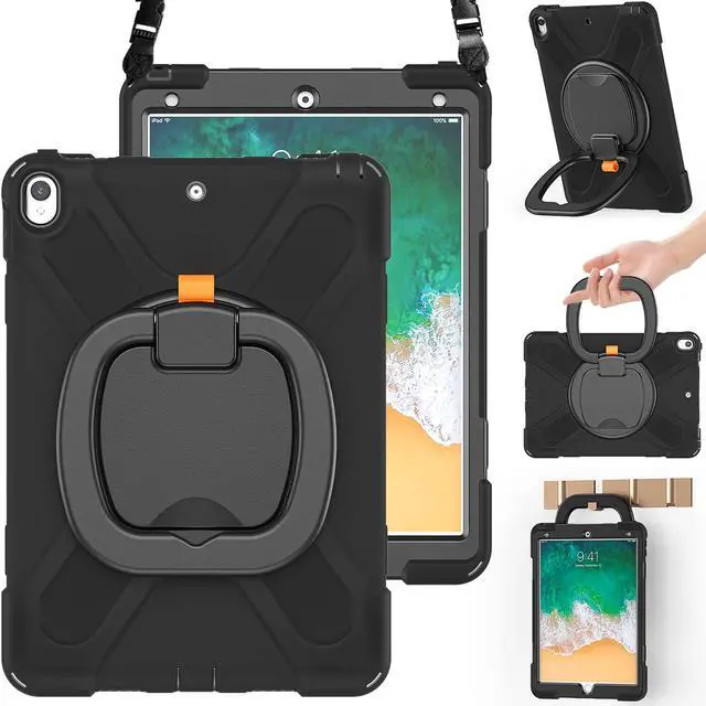 Main image of BRAECN Case for iPad Air 3 10.5 2019, iPad Pro 10.5 Case 2017- Heavy Duty Silicone Cover with Pencil Holder,Rotating Hand Grip,Carrying Shoulder Strap,Stable Kickstand Fit for iPad Air 3rd Gen-Black