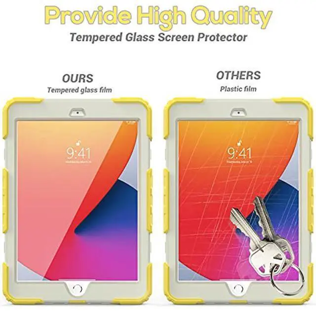 Main image of BLOSOMEET Kids Case for iPad 10.2 9th/8th Generation 2021 2020 with Tempered Glass Screen Protector Pen Holder,Cute Girls Boys iPad 7th Gen Cover Rugged w/Stand Hand Shoulder Strap Yellow