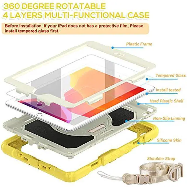 Alt view image 2 of 5 - BLOSOMEET Kids Case for iPad 10.2 9th/8th Generation 2021 2020 with Tempered Glass Screen Protector Pen Holder,Cute Girls Boys iPad 7th Gen Cover Rugged w/Stand Hand Shoulder Strap Yellow