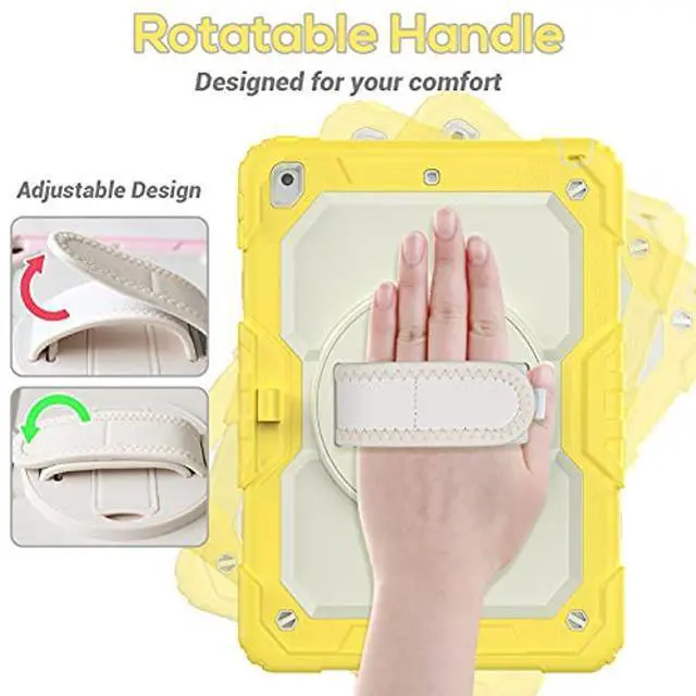 Alt view image 3 of 5 - BLOSOMEET Kids Case for iPad 10.2 9th/8th Generation 2021 2020 with Tempered Glass Screen Protector Pen Holder,Cute Girls Boys iPad 7th Gen Cover Rugged w/Stand Hand Shoulder Strap Yellow