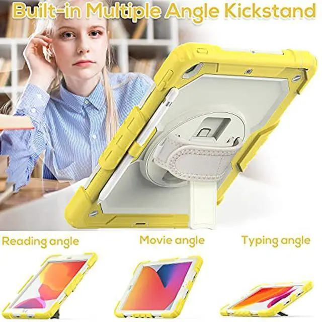 Alt view image 4 of 5 - BLOSOMEET Kids Case for iPad 10.2 9th/8th Generation 2021 2020 with Tempered Glass Screen Protector Pen Holder,Cute Girls Boys iPad 7th Gen Cover Rugged w/Stand Hand Shoulder Strap Yellow