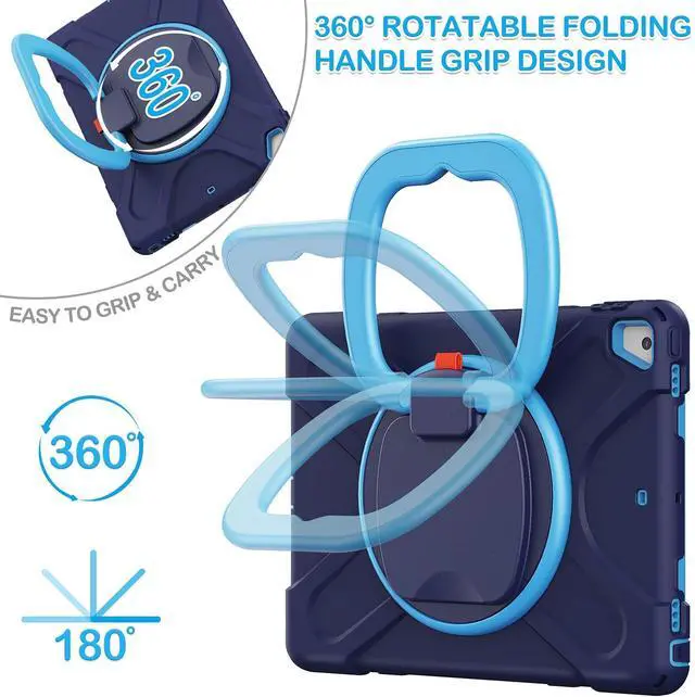 Main image of BATYUE Case for iPad 9.7 inch, 2018 iPad 6th Gen, 2017 iPad 5th Gen, iPad Air 2/ iPad Pro 9.7'',Shockproof Protective Cover with Pencil Holder &Rotating Bracket &Shoulder Strap (Navy Blue+Blue)