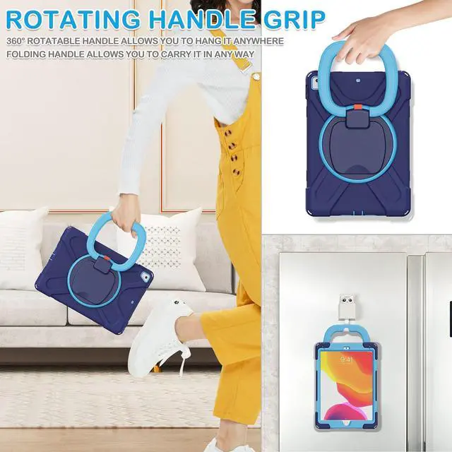 Alt view image 3 of 4 - BATYUE Case for iPad 9.7 inch, 2018 iPad 6th Gen, 2017 iPad 5th Gen, iPad Air 2/ iPad Pro 9.7'',Shockproof Protective Cover with Pencil Holder &Rotating Bracket &Shoulder Strap (Navy Blue+Blue)