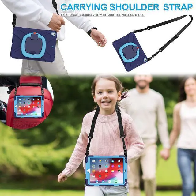 Alt view image 4 of 4 - BATYUE Case for iPad 9.7 inch, 2018 iPad 6th Gen, 2017 iPad 5th Gen, iPad Air 2/ iPad Pro 9.7'',Shockproof Protective Cover with Pencil Holder &Rotating Bracket &Shoulder Strap (Navy Blue+Blue)