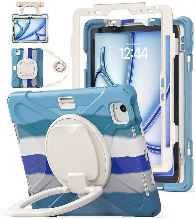 Main image of BATYUE Case for iPad Air 11-inch M3 (2025) / M2 (2024), iPad Air 5th/4th 10.9 inch(2022/2020), iPad Pro 11" 4th/3rd/2nd/1st, Kids Cover with 360° Rotating Stand, Pencil Holder, Carrying Strap, Blue