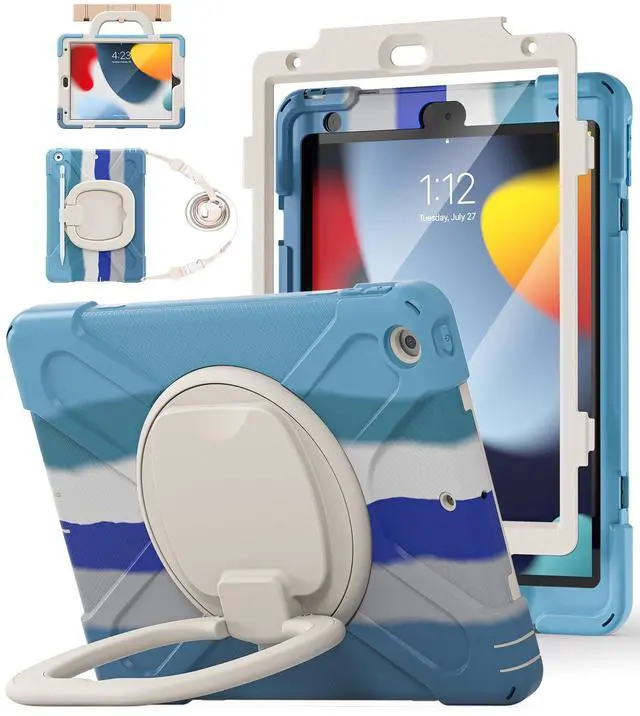Main image of BATYUE for iPad 9th/ 8th/ 7th Generation Case (iPad 10.2 inch Rugged Case 2021/2020/2019) with Screen Protector, Rotating Stand/Pencil Holder/Carrying Shoulder Strap (Colourful Blue)