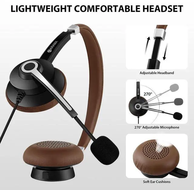 Alt view image 3 of 5 - Arama USB Headset with Microphone Noise Cancelling & in-line Call Controls, Ultra Comfort 3.5mm Wired Headset for Cell Phone, Computer Headset with Mute for PC Laptop Skype Webinar Home Office