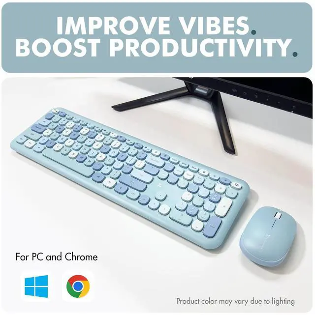 Alt view image 2 of 5 - X9 Cute Keyboard and Mouse Combo - Transform Your Space with a Colorful Blue Wireless Keyboard and Mouse Retro Set (110 Keys and 18 Shortcuts) - Aesthetic Keyboard for PC Computer, Laptop