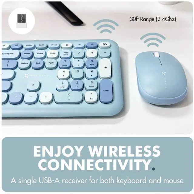 Alt view image 3 of 5 - X9 Cute Keyboard and Mouse Combo - Transform Your Space with a Colorful Blue Wireless Keyboard and Mouse Retro Set (110 Keys and 18 Shortcuts) - Aesthetic Keyboard for PC Computer, Laptop
