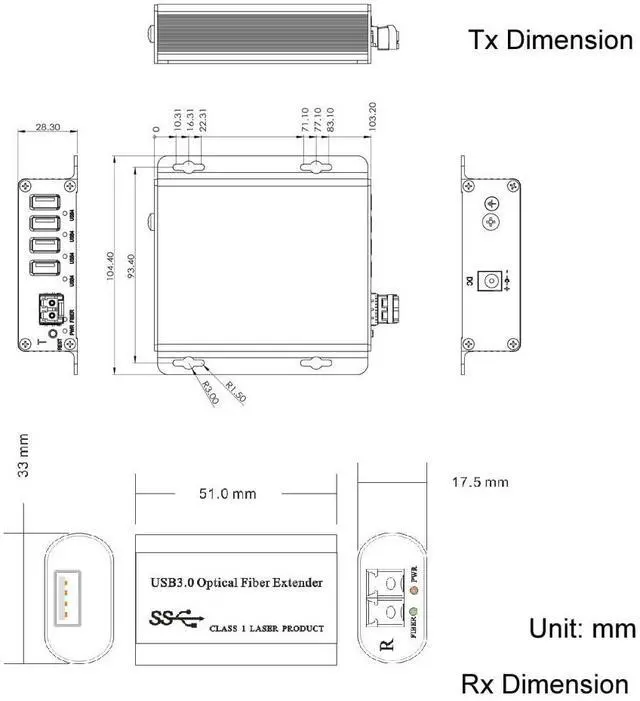 Alt view image 4 of 5 - Transwan USB 3.0 Hub Fiber Optic Extender to Max 250 Meters with 10 Gbps SFP Module, USB 3.0 Splitter 1 to 4 Ports Over 2 Fibers, Supports 5 Gbps Super-Speed, Supports Kinect Devices & HD Camera etc