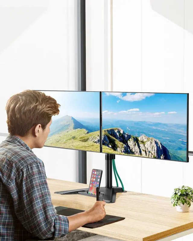 Alt view image 2 of 5 - MOUNT PRO Dual Monitor Stand, Free-Standing Full Motion Monitor Desk Mount Fits 2 Screens up to 27 inches,17.6lbs with Height Adjustable, Swivel, Tilt, Rotation, VESA 75x75 100x100, Black