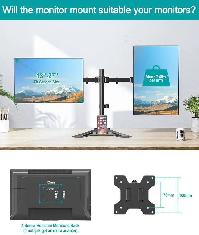 Alt view image 4 of 5 - MOUNT PRO Dual Monitor Stand, Free-Standing Full Motion Monitor Desk Mount Fits 2 Screens up to 27 inches,17.6lbs with Height Adjustable, Swivel, Tilt, Rotation, VESA 75x75 100x100, Black