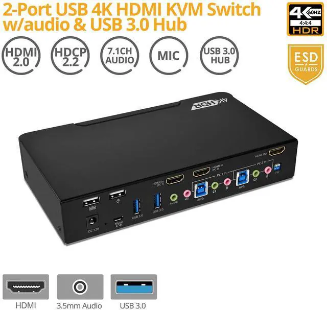 Alt view image 2 of 5 - gofanco Prophecy HDMI 2.0a KVM Switch 2 Port  4K @60Hz 4:4:4, HDR, 18Gbps, 3D, HDCP 2.2/1.4 - USB Keyboard/Mouse Plus USB 3.0 Hub, Audio in and Out, Hotkeys - KVM Switch 2 Computers, TAA Compliant