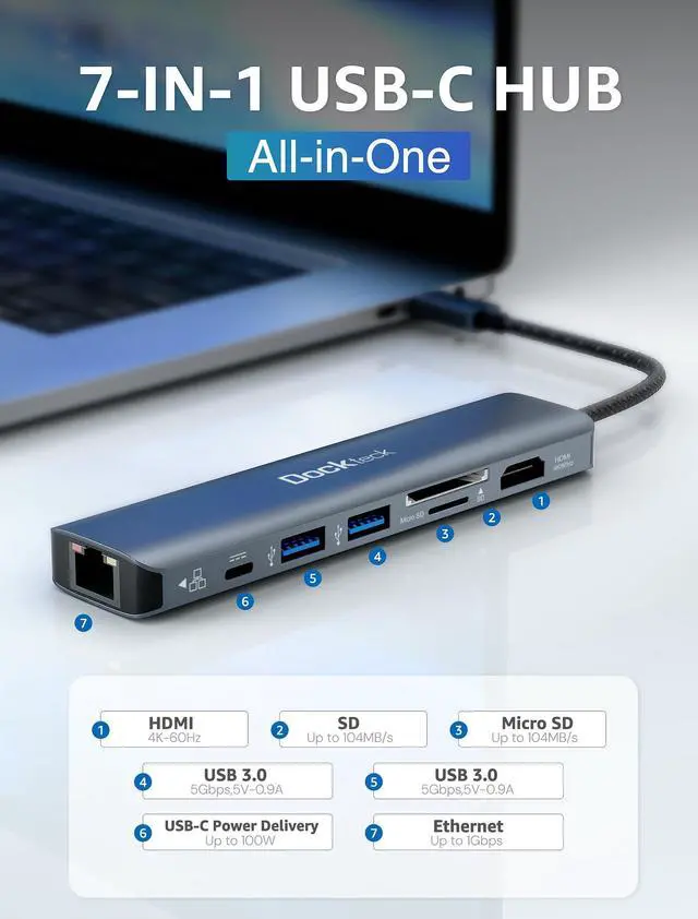 Alt view image 2 of 5 - dockteck 7-in-1 USB C Hub with 4K 60Hz HDMI, 1Gbps Ethernet, 100W Power Delivery, SD/TF Card Slots, USB 3.0 Data Ports for MacBook, iPad Pro, XPS