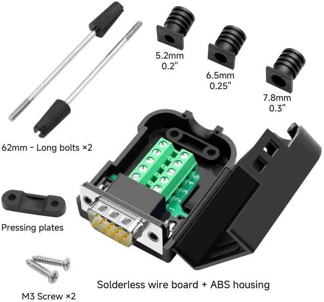 Alt view image 2 of 5 - YIOVVOM DB9 Breakout Connector, Male 9 pin RS232 connectors, Solderless D-SUB RS485 Serial Adapter Module Board with Screw Terminals, Case, Long Bolts Set of 10