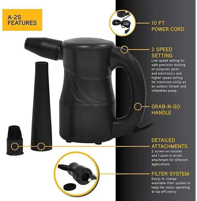 Alt view image 3 of 4 - XPOWER A-2S Cyber Duster Electric Air Duster for Dusting, Drying, Inflating, Blowing, Car Detailing, Computer, Leaf Blowing, 90 CFM, 2 Nozzles + 1 Brush, High Performance Motor, Eco-Friendly, Black
