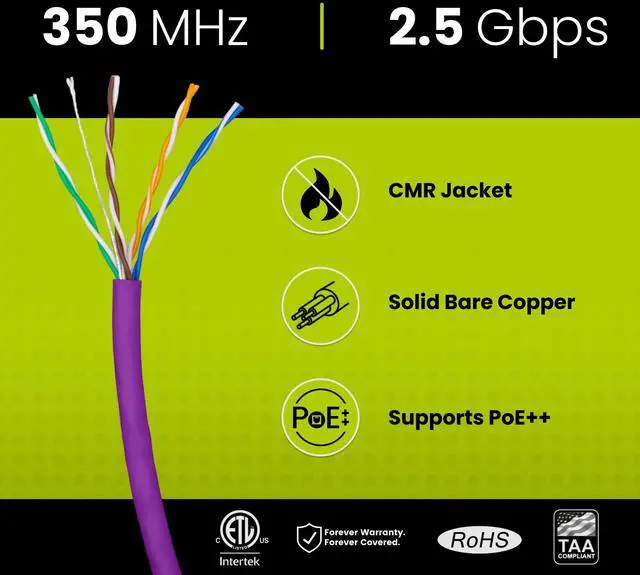 Alt view image 2 of 5 - trueCABLE Cat5e Riser (CMR), 1000ft, Purple, 24AWG 4 Pair Solid Bare Copper, 350MHz, PoE++ (4PPoE), ETL Listed, Unshielded Twisted Pair (UTP), Bulk Ethernet Cable