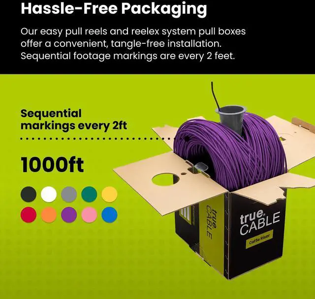 Alt view image 5 of 5 - trueCABLE Cat5e Riser (CMR), 1000ft, Purple, 24AWG 4 Pair Solid Bare Copper, 350MHz, PoE++ (4PPoE), ETL Listed, Unshielded Twisted Pair (UTP), Bulk Ethernet Cable