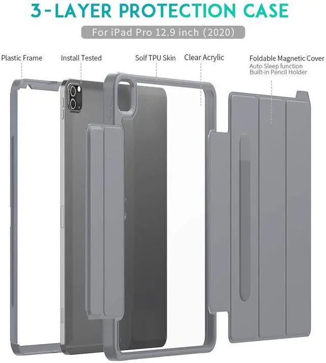 Alt view image 3 of 5 - Case for Apple iPad Pro (12.9-inch, 2020 Model, 4th Generation), Techcircle Smart Tri-fold Stand Cover Clear Back Hard Shell Magnetic Protective Case with Pencil Holder, Auto Wake/Sleep, Gray