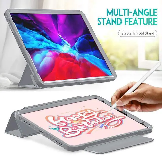 Alt view image 2 of 5 - Case for Apple iPad Pro (12.9-inch, 2020 Model, 4th Generation), Techcircle Smart Tri-fold Stand Cover Clear Back Hard Shell Magnetic Protective Case with Pencil Holder, Auto Wake/Sleep, Gray
