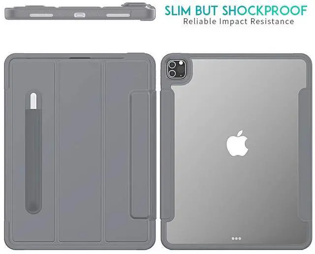 Alt view image 5 of 5 - Case for Apple iPad Pro (12.9-inch, 2020 Model, 4th Generation), Techcircle Smart Tri-fold Stand Cover Clear Back Hard Shell Magnetic Protective Case with Pencil Holder, Auto Wake/Sleep, Gray