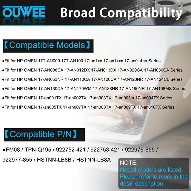 Alt view image 3 of 5 - OUWEE HSTNN-LB8B FM08 Laptop Battery Compatible with HP Omen 17-AN013TX 17-AN014TX 17-AN014NG 17-an008ur Series TPN-Q195 922752-421 922753-421 922976-855 14.4V 86Wh 5973mAh(16-Pin Connector)