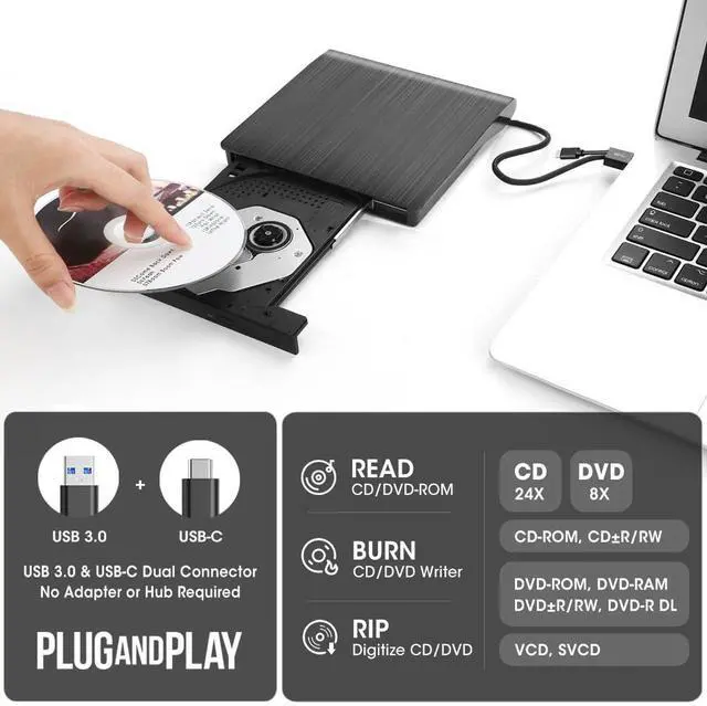 Alt view image 2 of 5 - ROOFULL External CD/DVD Drive for Laptop with Carrying Case, USB 3.0 Type-C CD Burner Reader Writer DVD Player ROM/RW USB-C Portable Optical Disk Drive for Mac PC Windows 11/10 MacBook Linux Computer