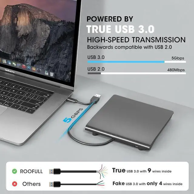 Alt view image 3 of 5 - ROOFULL External CD/DVD Drive for Laptop with Carrying Case, USB 3.0 Type-C CD Burner Reader Writer DVD Player ROM/RW USB-C Portable Optical Disk Drive for Mac PC Windows 11/10 MacBook Linux Computer