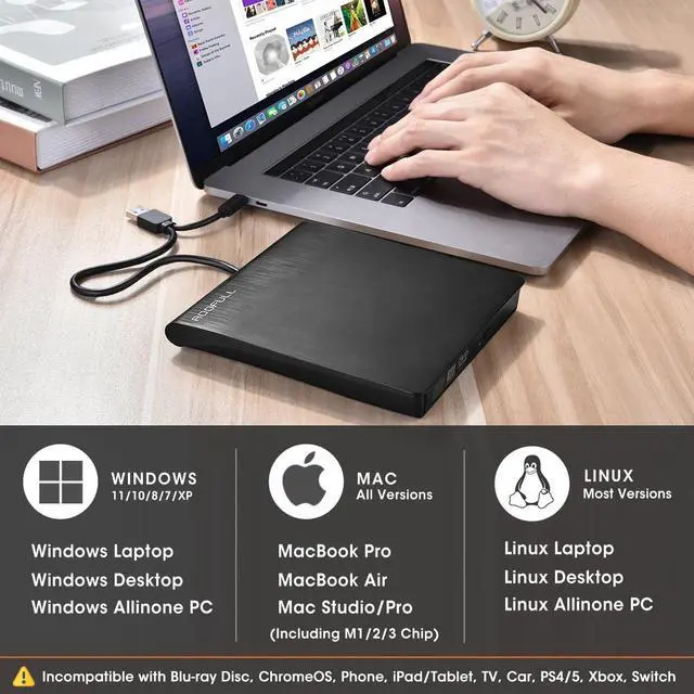 Alt view image 4 of 5 - ROOFULL External CD/DVD Drive for Laptop with Carrying Case, USB 3.0 Type-C CD Burner Reader Writer DVD Player ROM/RW USB-C Portable Optical Disk Drive for Mac PC Windows 11/10 MacBook Linux Computer