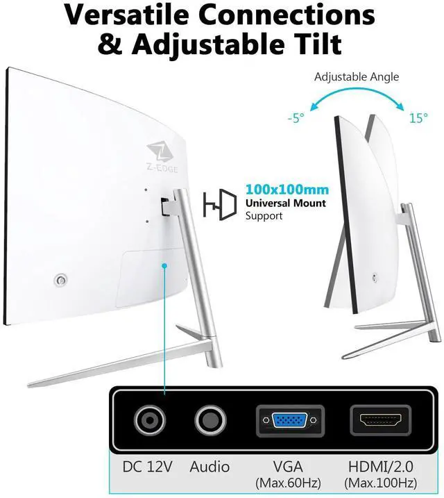 Alt view image 5 of 5 - Z-Edge 27-inch Curved Gaming Monitor, Full HD 1080P 1920x1080 LED Backlight Monitor, with 100Hz Refresh Rate and Eye-Care Technology, 178deg Wide View Angle, VGA+HDMI