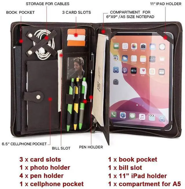 Alt view image 2 of 5 - Leather Case for ipad Pro 11" Genuine Leather Smart Folio for 11-inch ipad pro 11 case with Pencil Holder Zipper Pocket Multifunctional Case for iPad 11/iPad 10.5/iPad 9.7