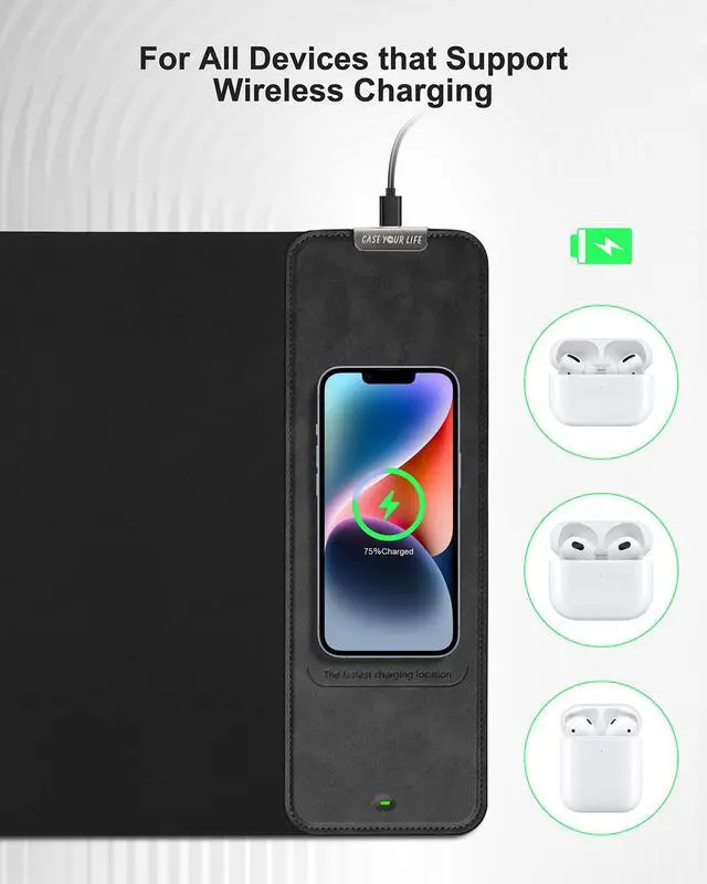 Alt view image 5 of 5 - Mouse Pad with Wireless Charging, Black Mousepad Long Desk Mat, Large Gaming Mouse Pad, Soft Mouse Pad Gaming Desk Pad with Non-Slip Rubber Base, Extended Computer Keyboard Mat Office Mice Pad