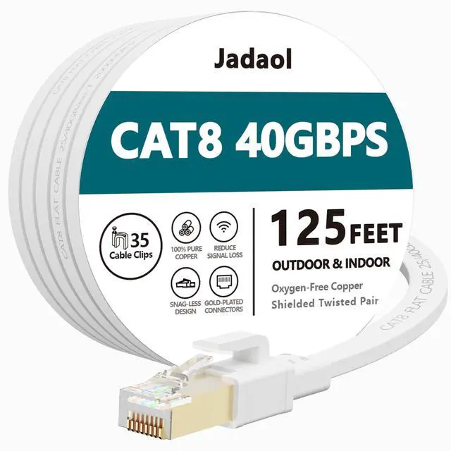 Main image of Cat8 Ethernet Cable 125 ft (38.1m), Outdoor&Indoor, Flat 40Gbps 2000MHz S/FTP Cable, Heavy Duty Internet Cord, UV Resistant Weatherproof Shielded RJ45 for Router, Modem, Switch, Gaming, PC, TV, White