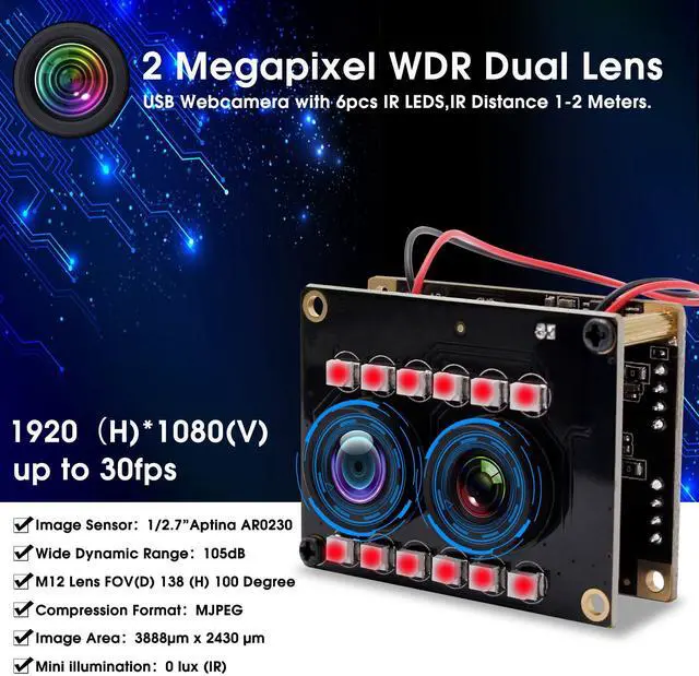 Alt view image 3 of 5 - Hotpet WDR Dual Lens 3D Stereo USB Camera 1080P Webcam with No Distortion Lens Aptina AR0230 2MP Night Visio IR Web Camera for Face Recognition,VR,Home Security,Biological Detection