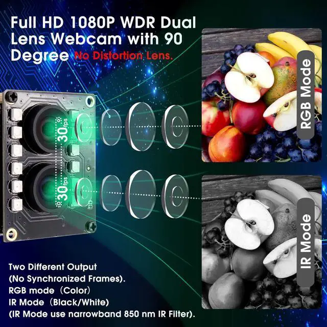 Alt view image 2 of 5 - Hotpet WDR Dual Lens 3D Stereo USB Camera 1080P Webcam with No Distortion Lens Aptina AR0230 2MP Night Visio IR Web Camera for Face Recognition,VR,Home Security,Biological Detection