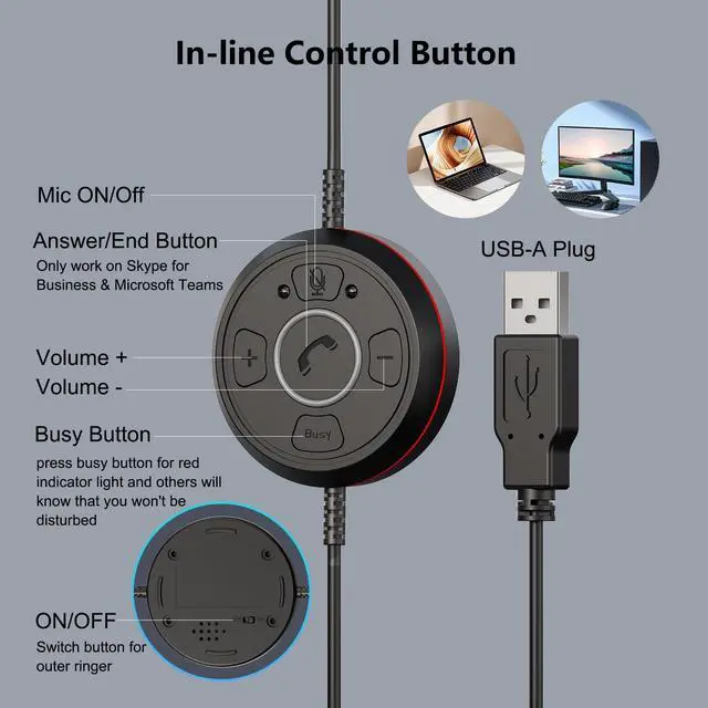 Alt view image 5 of 5 - MKJ USB Headset with Microphone Noise Canceling, Computer Headset for Call Center and Home Office, Wired Headphone for Ms Teams Zoom Business Webex Jabber Online Meeting Webinar
