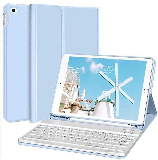 Main image of kenke Keyboard Case for iPad 9.7 inch 2018 (6th Gen) / iPad 2017 (5th Gen) / iPad Air 2/1, Lightweight Smart Cover with Pencil Holder, Magnetically Detachable Wireless Keyboard, Light Blue
