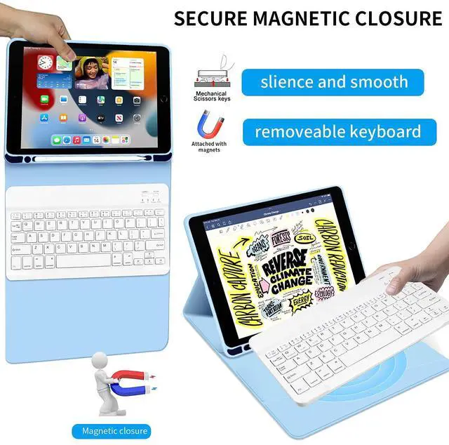 Alt view image 3 of 5 - kenke Keyboard Case for iPad 9.7 inch 2018 (6th Gen) / iPad 2017 (5th Gen) / iPad Air 2/1, Lightweight Smart Cover with Pencil Holder, Magnetically Detachable Wireless Keyboard, Light Blue